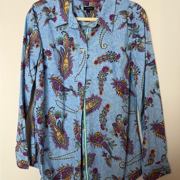 Talbots 100% Cotton Blue Paisley Print Button Front Blouse Size Medium - Picture 12 of 16
